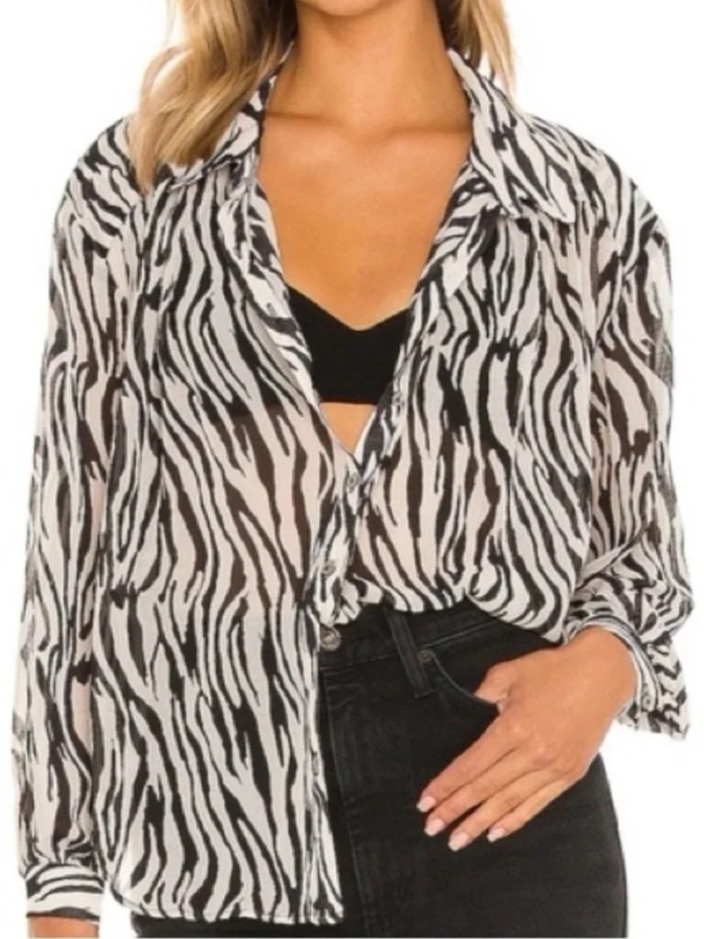 Free People Ciara Zebra Sheer Chiffon Flowy Button Up Blouse oversized XS/S